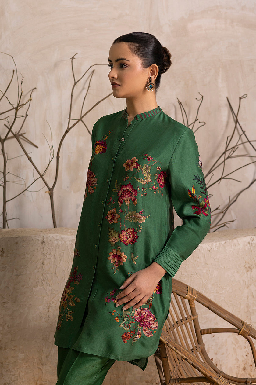 Green Silk Chanderi Floral Printed Shirt Style Tunic (1 PC)