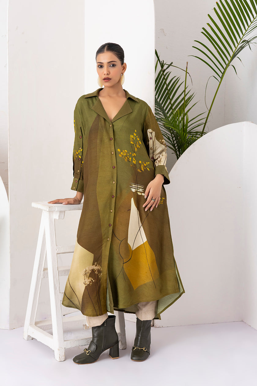 Moss Green Shaded Viscose Dupion Printed Dress (1 PC)