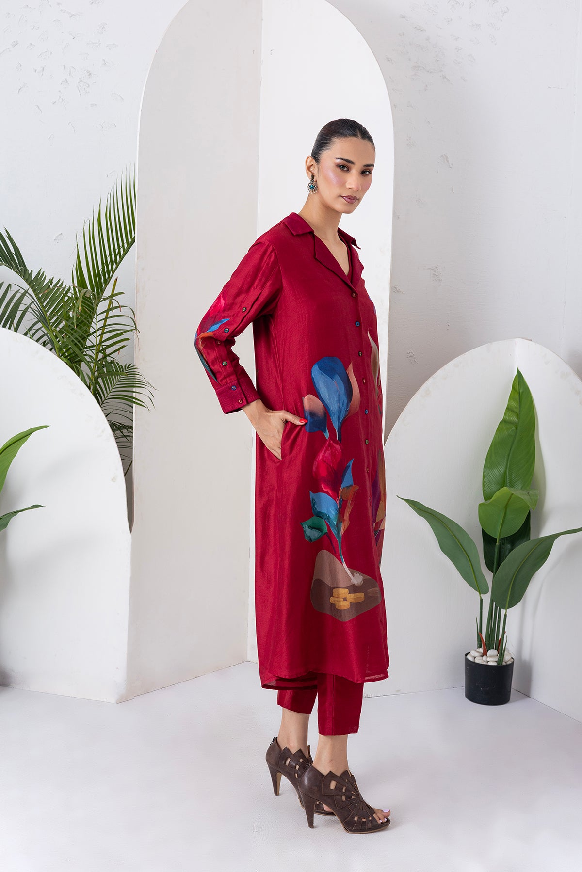 Red Silk Chanderi Printed Front Open Dress (1 PC)