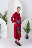 Red Silk Chanderi Printed Front Open Dress (1 PC)