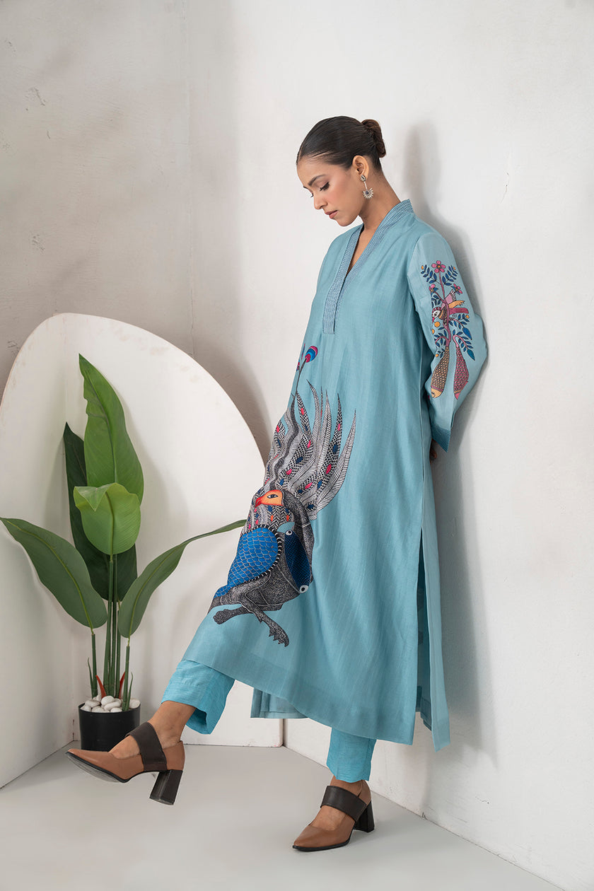 Sky Blue Silk Chanderi Striking Peacock Illustration Printed Tunic (1 PC)