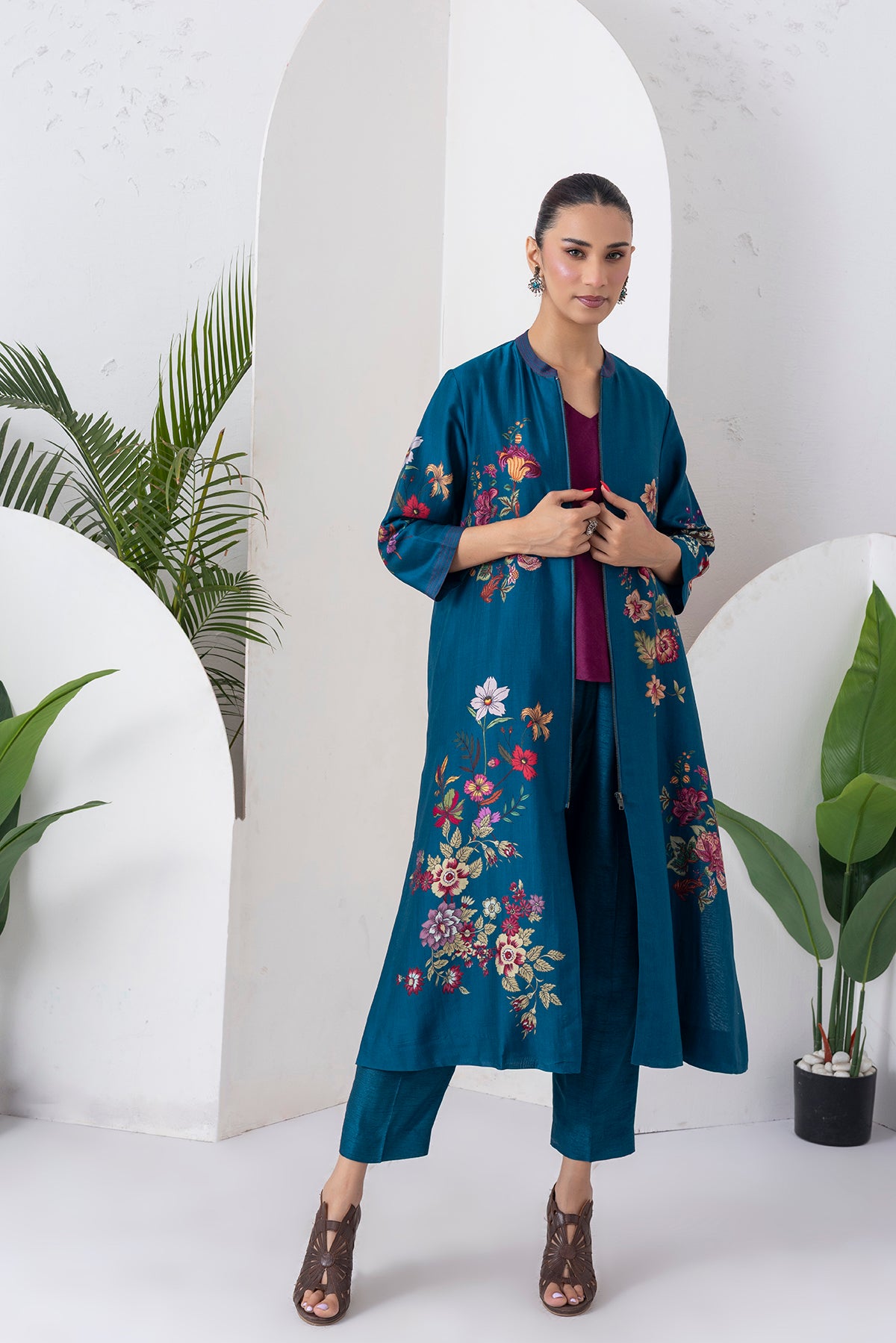 Indigo Silk Chanderi Floral Printed Front-Zip Dress (1 PC)
