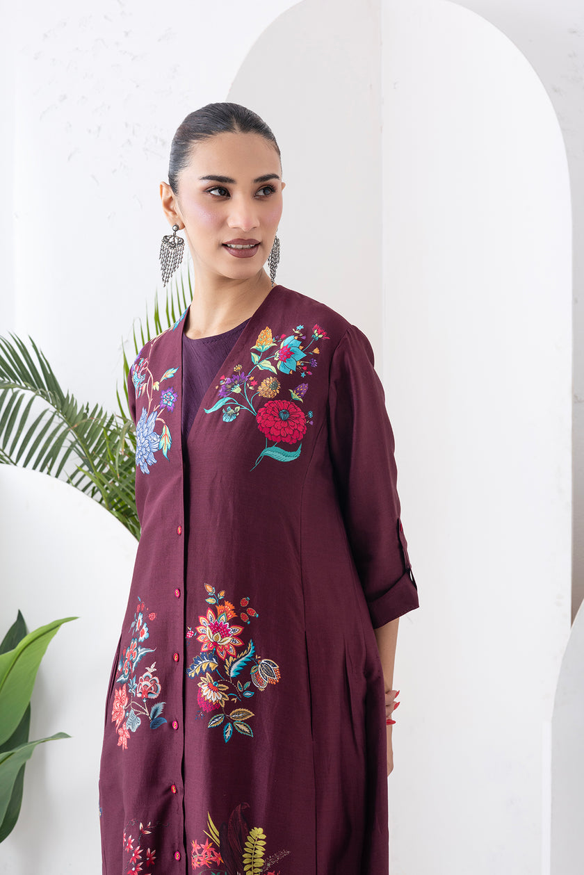 Chocolate Brown Silk Chanderi Printed High-Low Dress (1 PC)