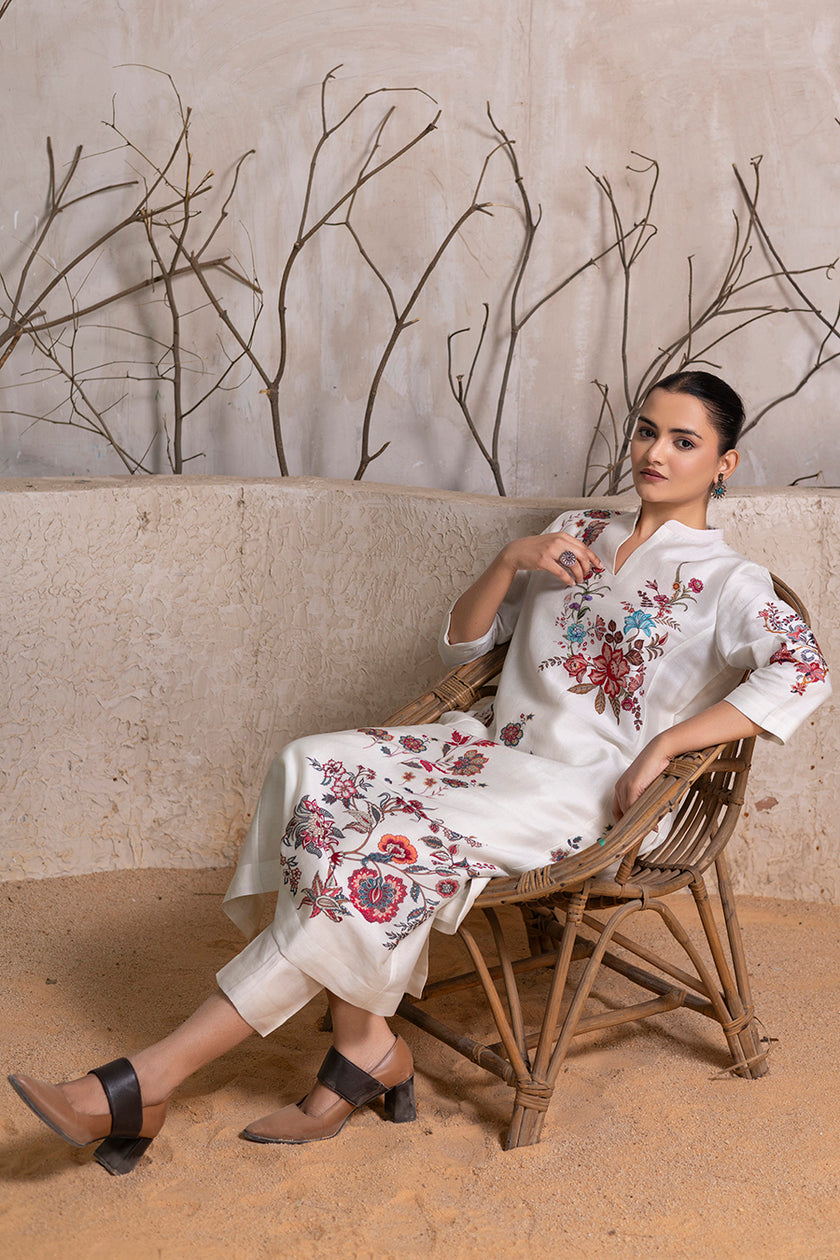 Ivory Silk Chanderi Floral Printed tunic (1 PC)