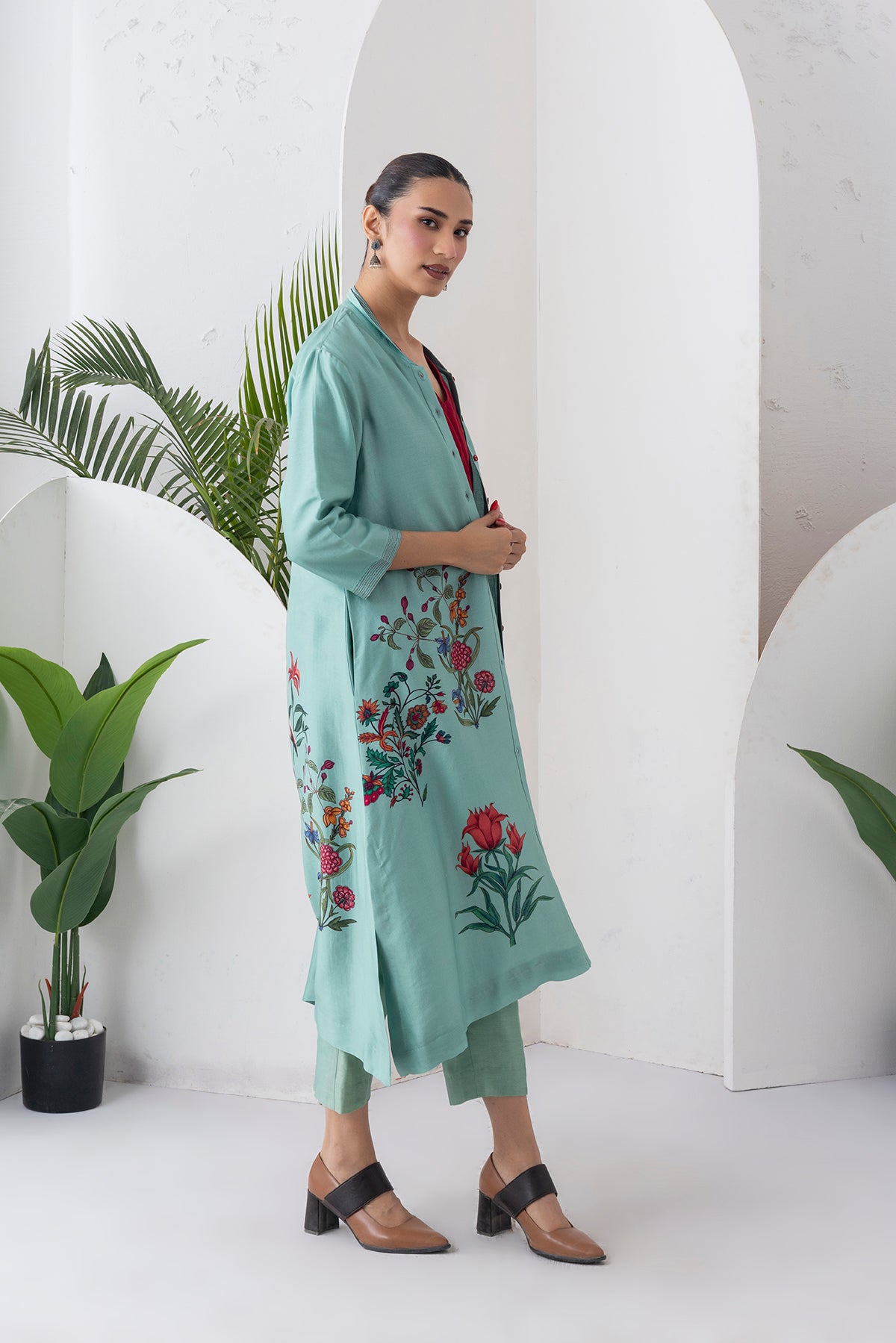 Mint Silk Chanderi Floral Printed Front Open Dress (1 PC)