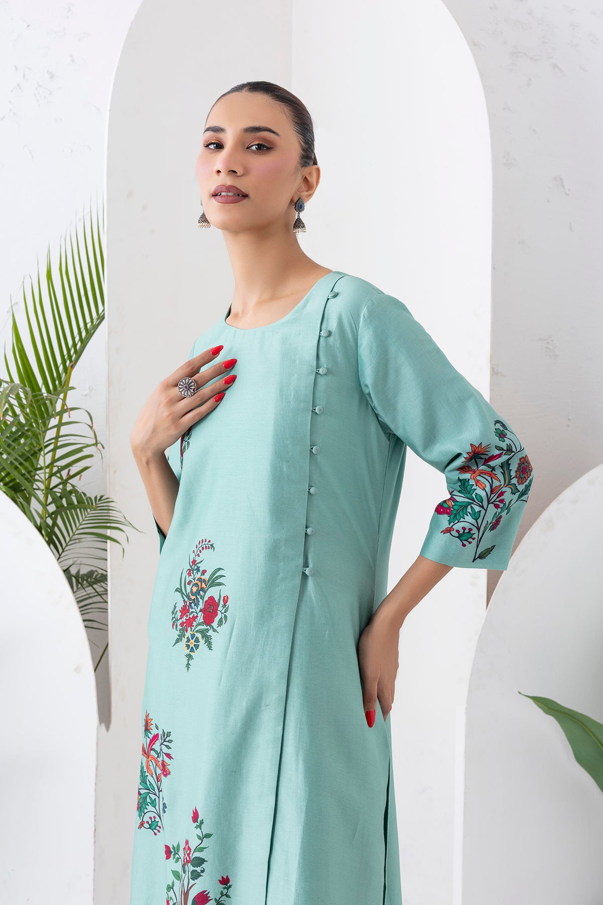 Mint Silk Chanderi Floral Boota Printed Dress (1 PC)