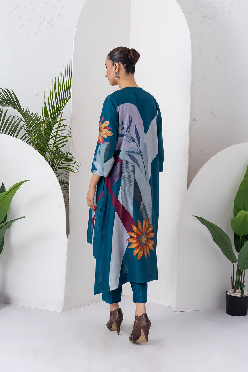 Indigo Silk Chanderi Printed High-Low Dress (1 PC)