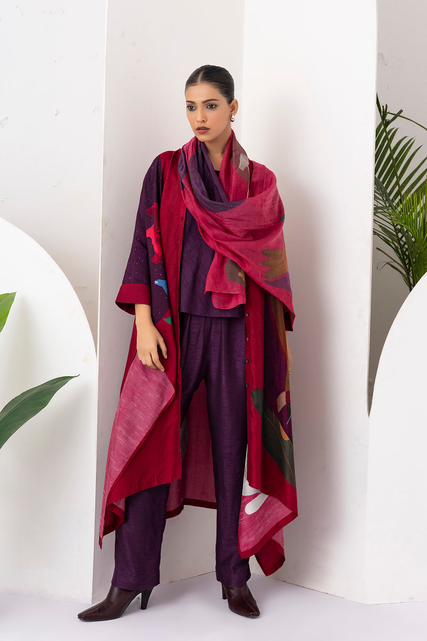 Red Viscose Dupion Printed Kaftaan Style Dress (1 PC)