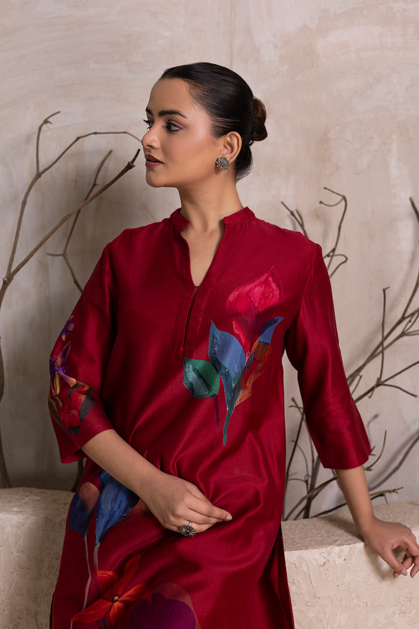 Red Silk Chanderi Printed Tunic (1 PC)