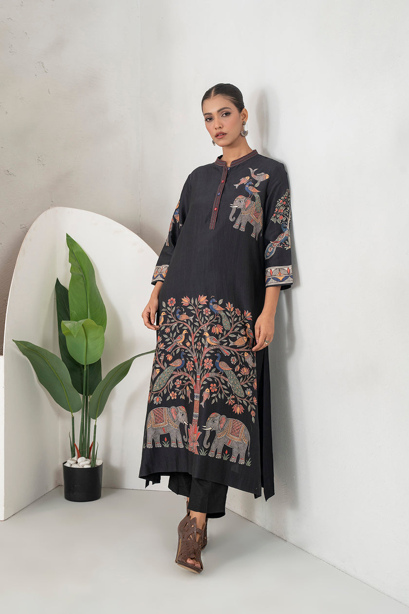Black Silk Chanderi Rich Folk-Inspired Printed Tunic (1 PC)