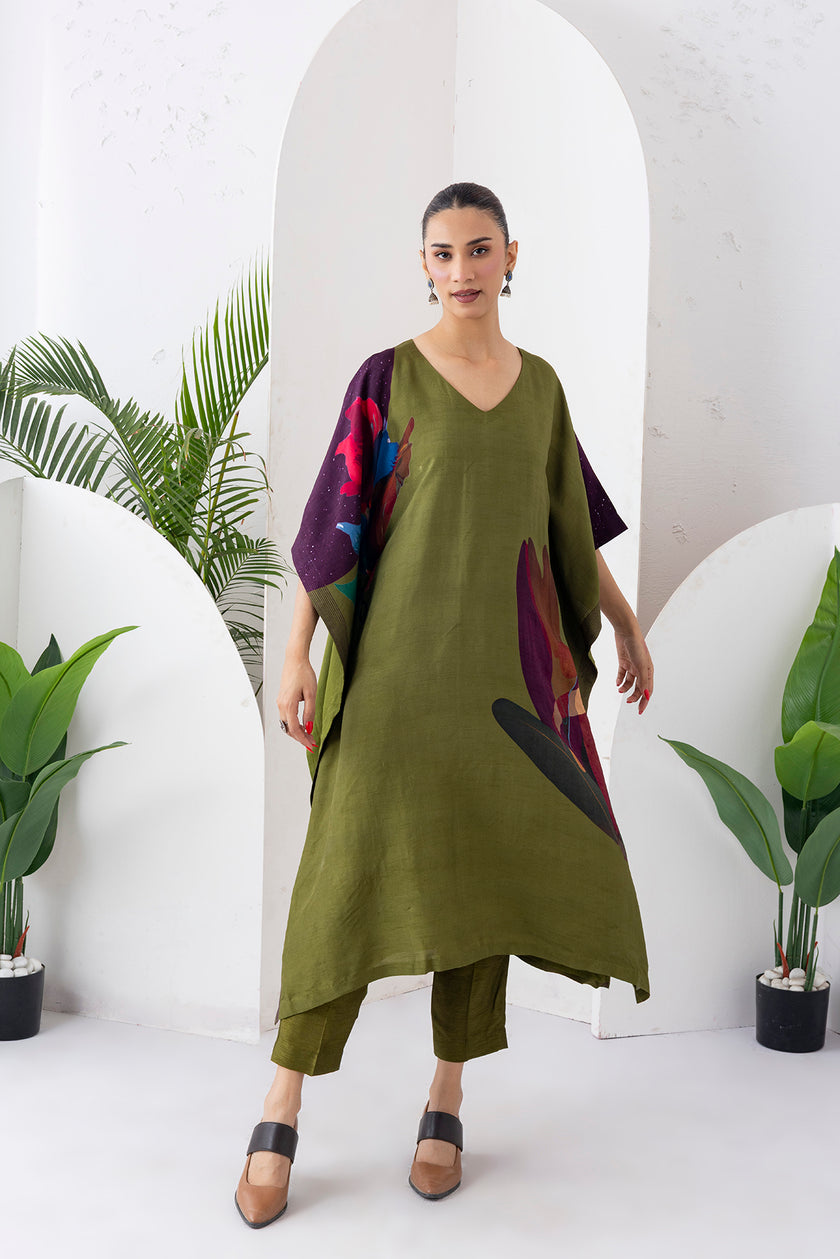 Leaf Green Viscose Dupion Printed Kaftan (1 PC)