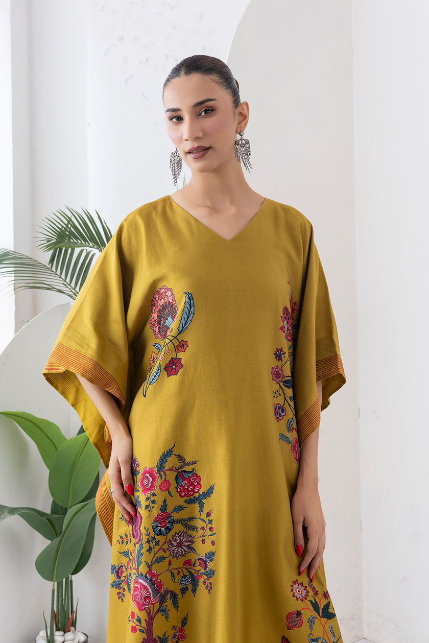 Mustard Silk Chanderi Chintz Printed Kaftan (1 PC)