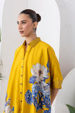Yellow Silk Chanderi Front Open Kaftan Style Printed Dress (1 PC)