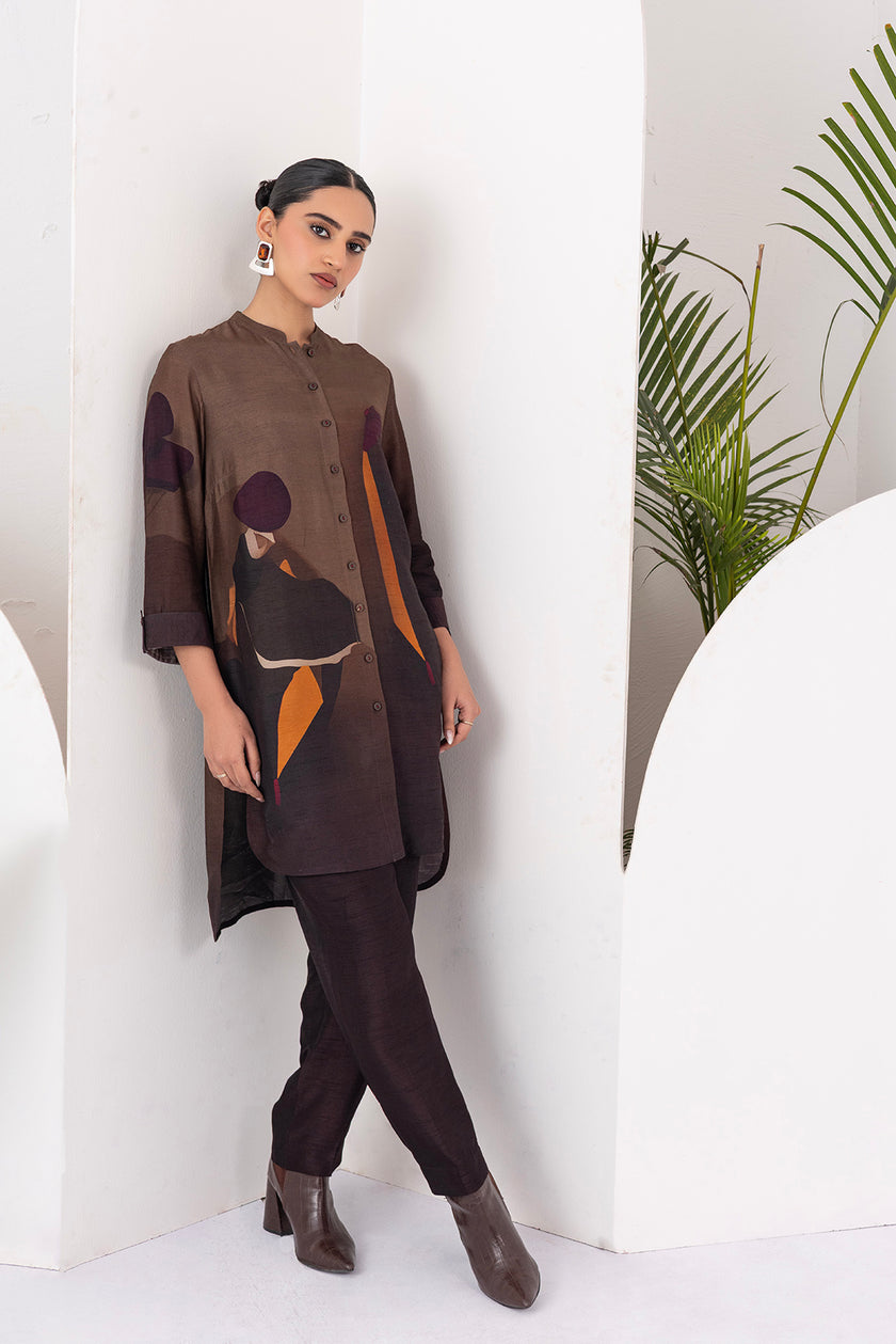 Shades Of Brown Viscose Dupion Printed Shirt Style Tunic (1 PC)
