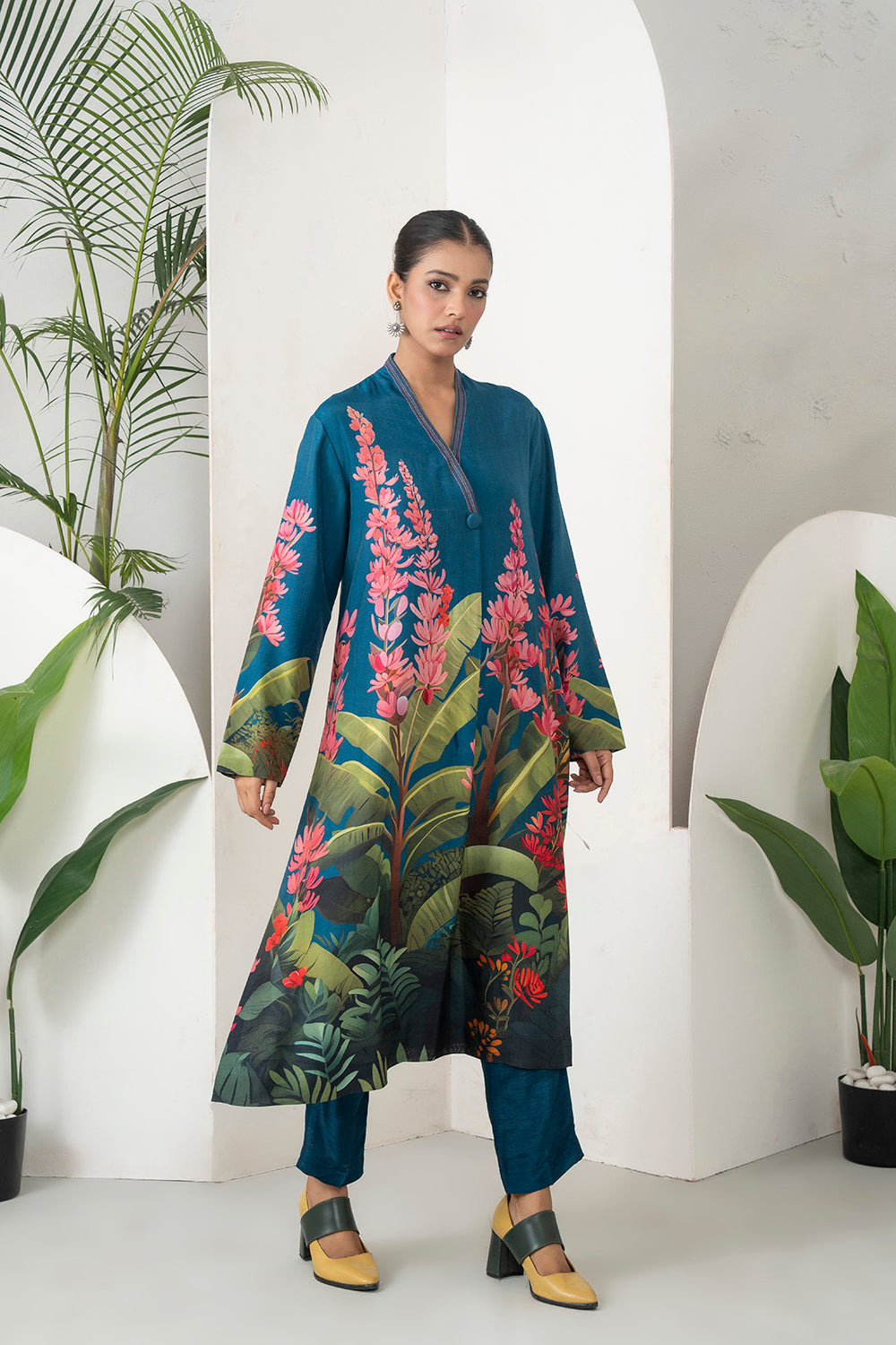 Indigo Silk Chanderi Front-Pleated Tropical Floral Illustration Printed Dress (1 PC)