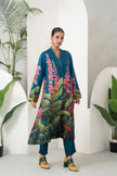 Indigo Silk Chanderi Front-Pleated Tropical Floral Illustration Printed Dress (1 PC)