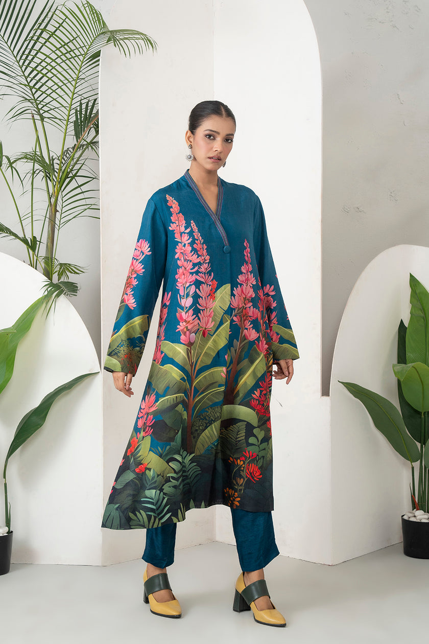 Indigo Silk Chanderi Front-Pleated Tropical Floral Illustration Printed Dress (1 PC)
