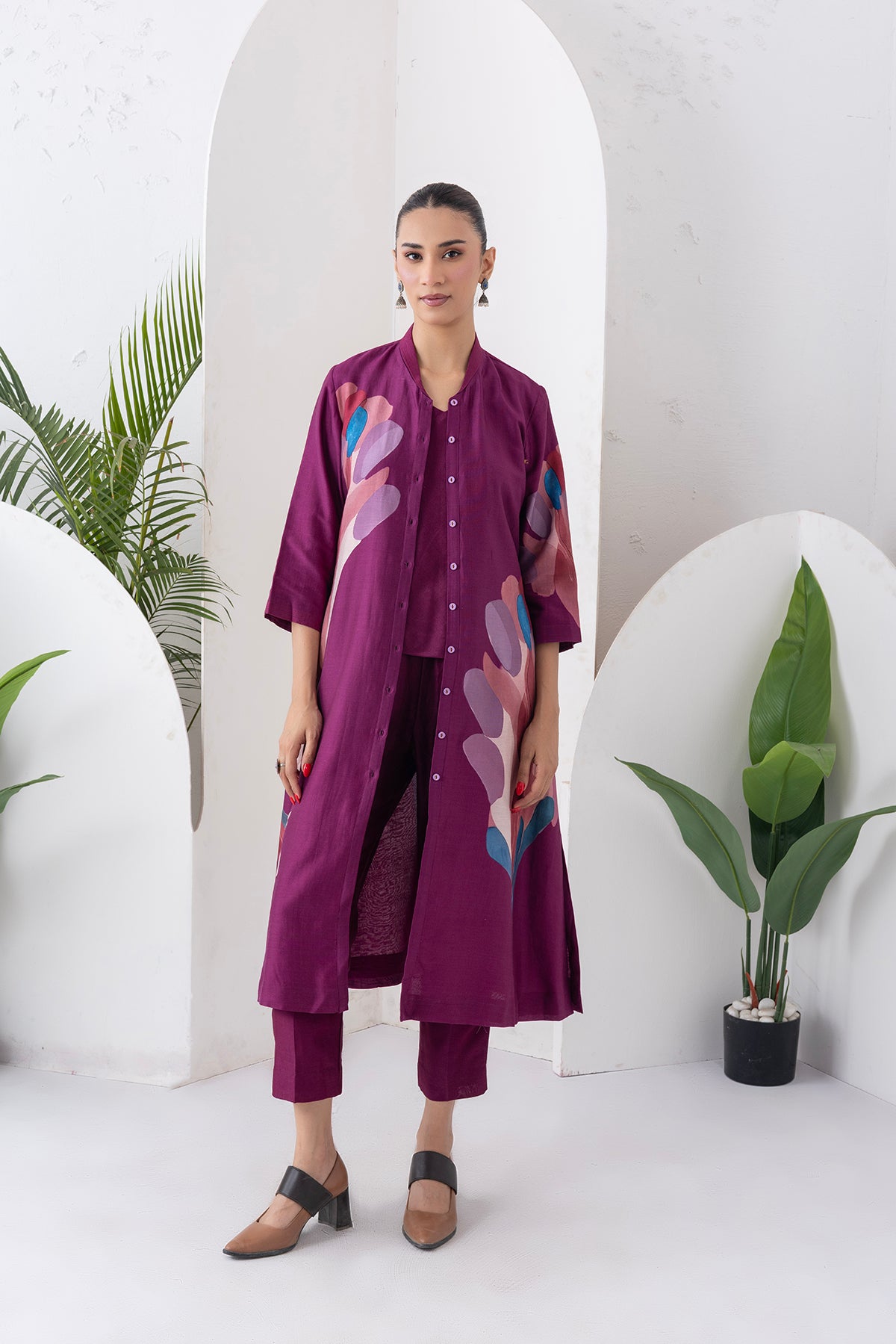 Wine Silk Chanderi Printed Dress (1 PC)