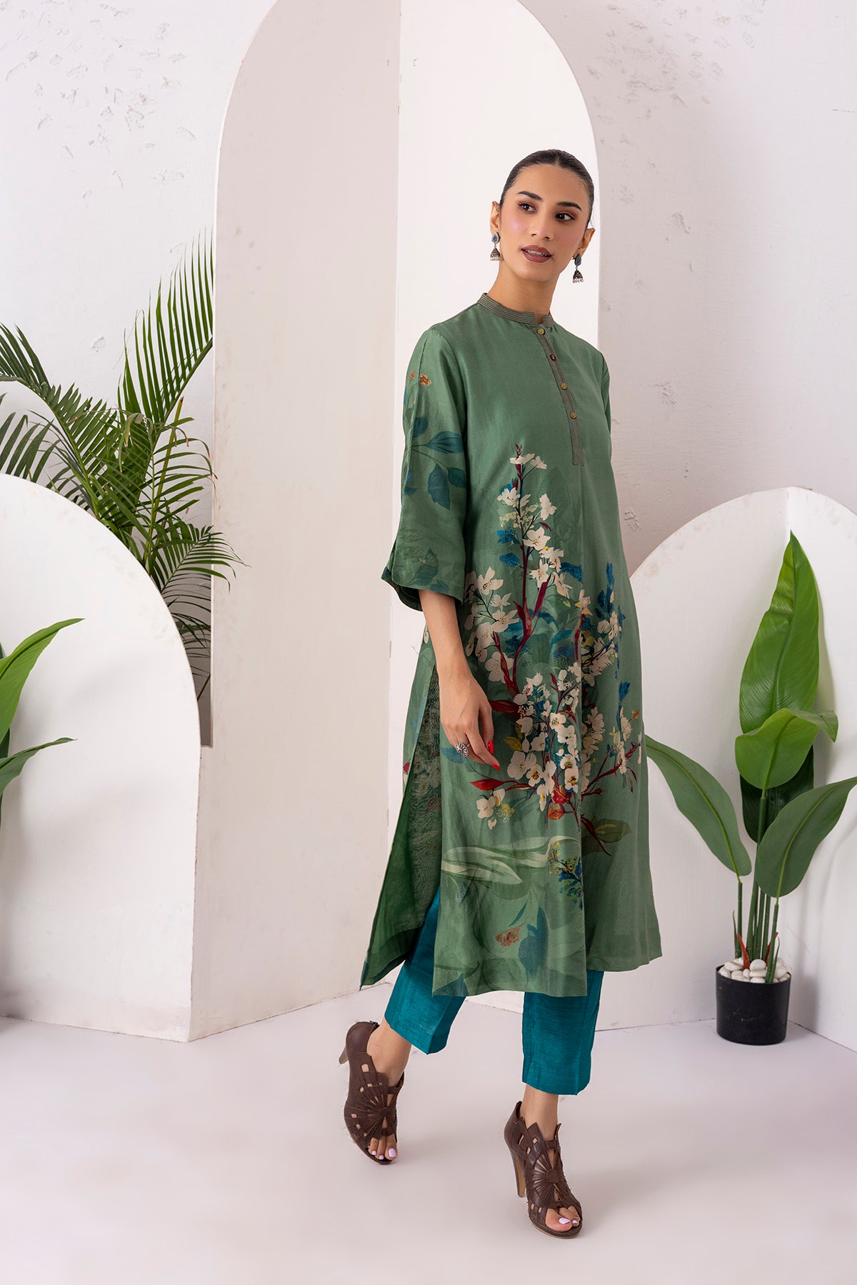 Sage Green Silk Chanderi Printed Front Pleat Tunic (1 PC)