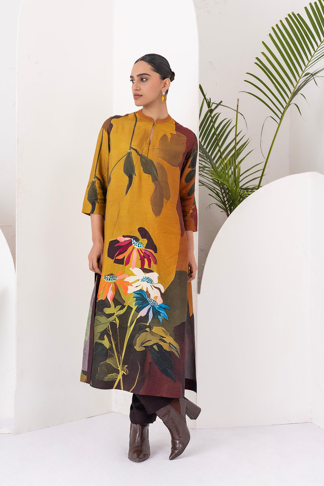 Mustard & Brown Viscose Dupion Printed Tunic (1 PC)