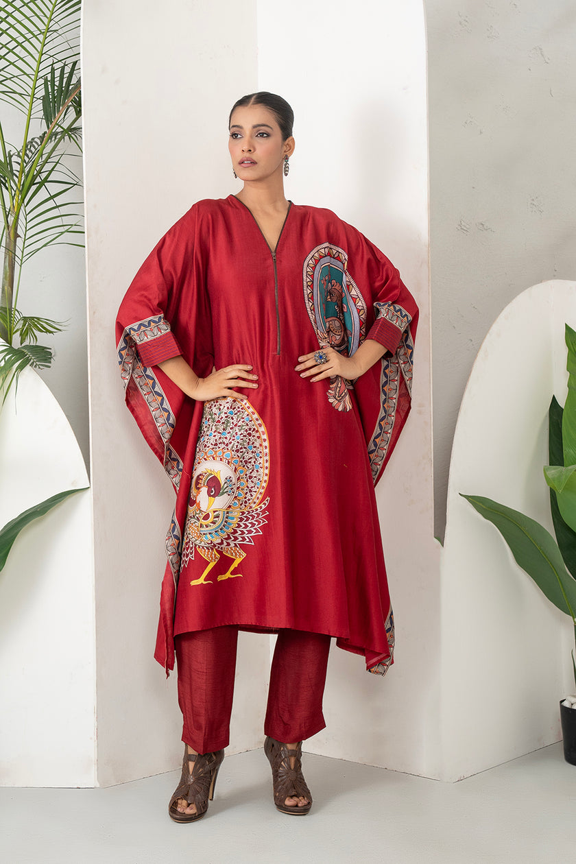 Maroon Silk Chanderi Bold Peacock Printed Zippered Kaftan (1 PC)