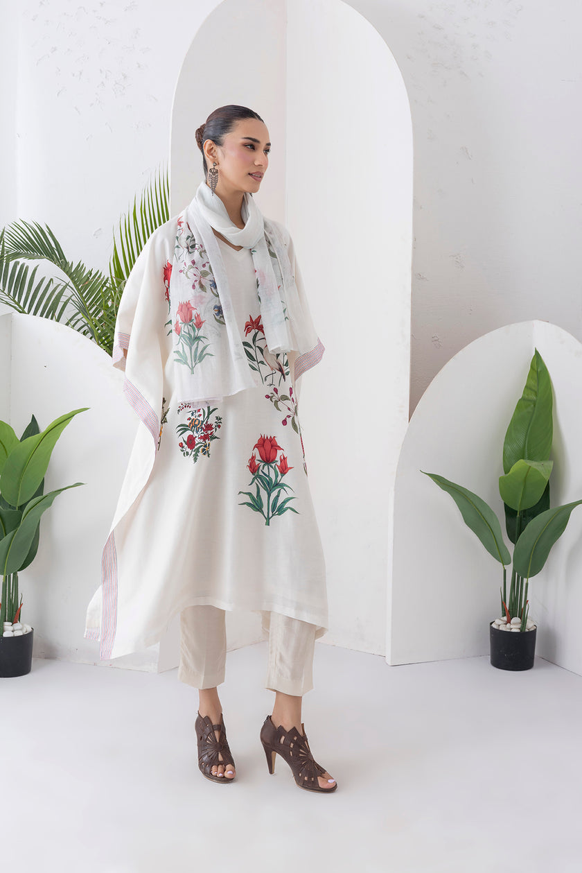 Ivory Silk Chanderi Floral Printed Kaftan (1 PC)