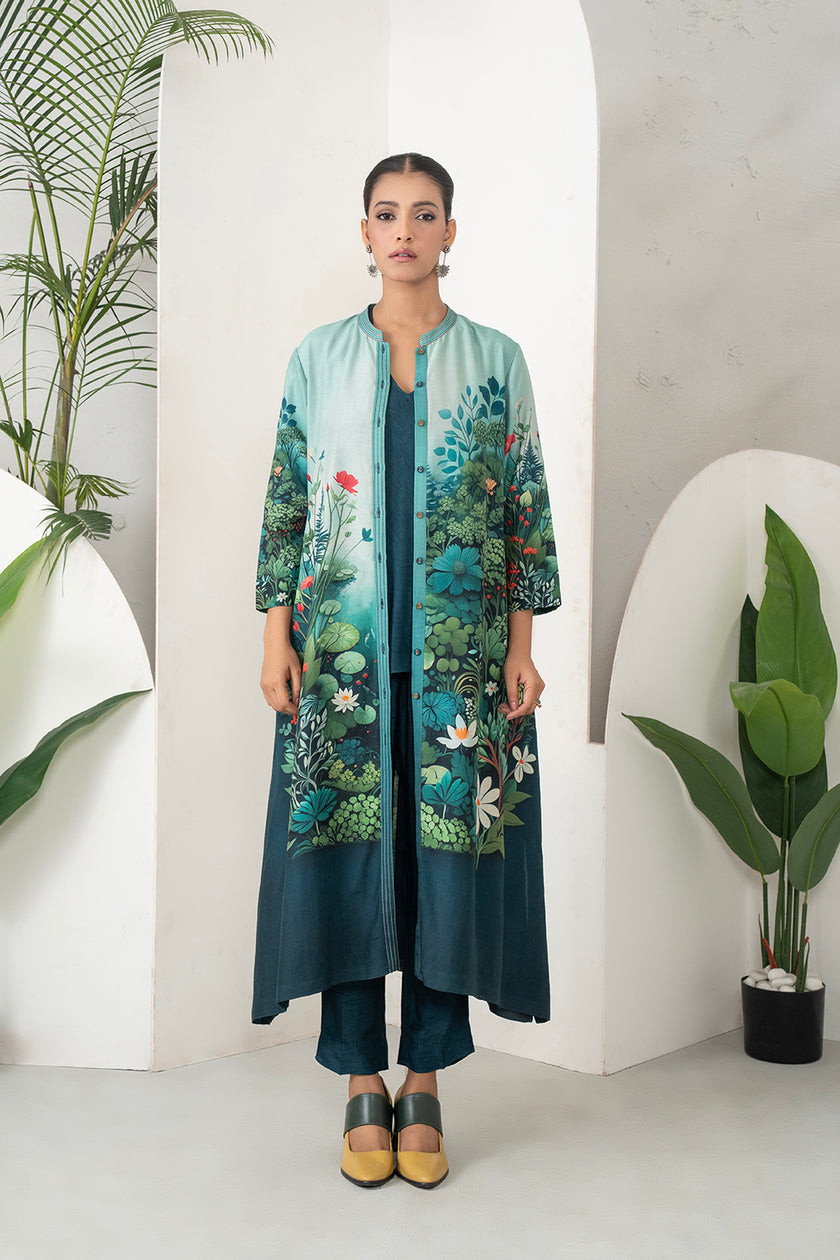 Blue Fades Gently From Mint To Midnight Silk Chanderi Hand-Painted Garden Printed Dress (1 PC)