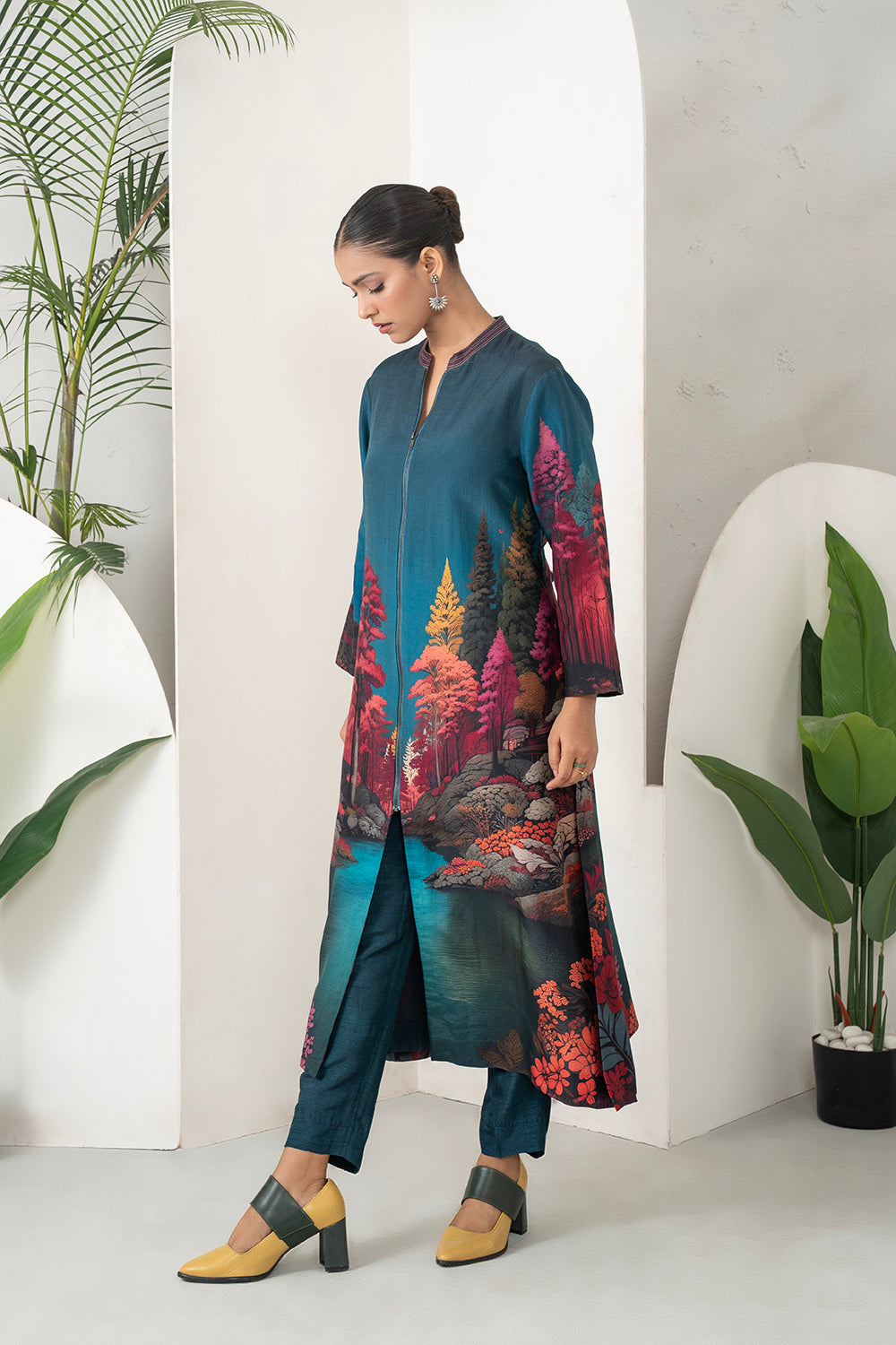 Deep Teal Fades Into Twilight Blue Silk Chanderi Forest Scene Printed Dress (1 PC)