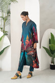 Deep Teal Fades Into Twilight Blue Silk Chanderi Forest Scene Printed Dress (1 PC)