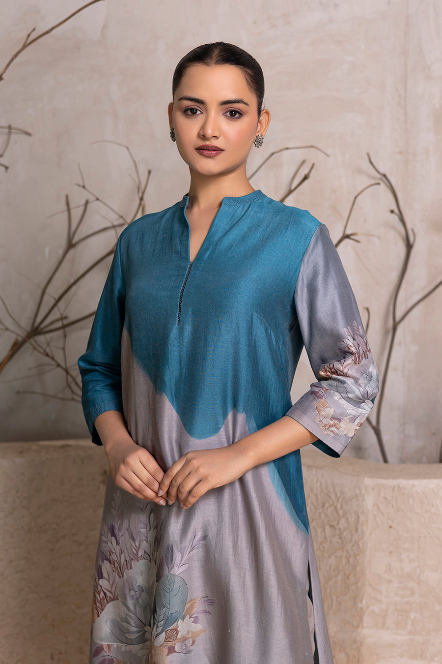 Denim Blue & Grey Shaded Silk Chanderi Printed Tunic (1 PC)