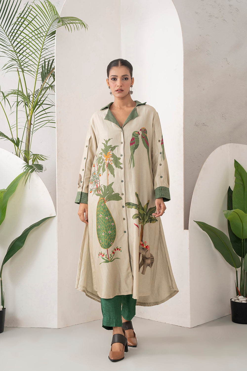 Beige Silk Chanderi Nature-Inspired Printed Dress (1 PC)