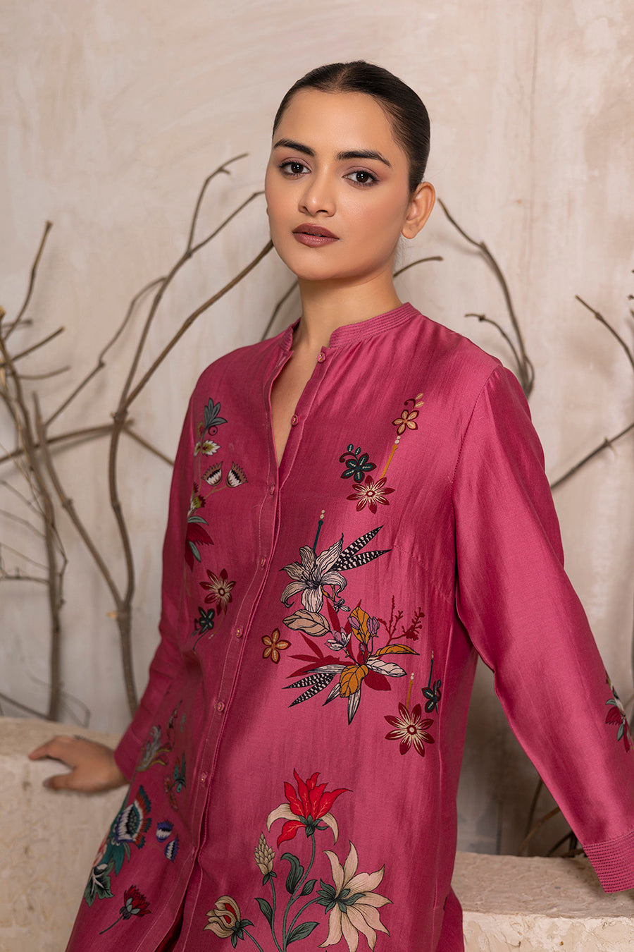 Old Rose Silk Chanderi Printed Shirt Style Tunic (1 PC)