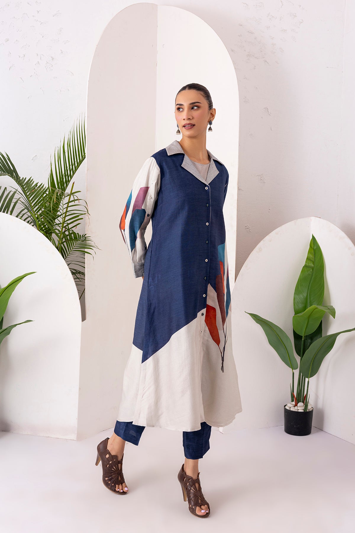 Blue & Ivory Silk Chanderi Printed Front Open Dress (1 PC)