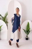 Blue & Ivory Silk Chanderi Printed Front Open Dress (1 PC)