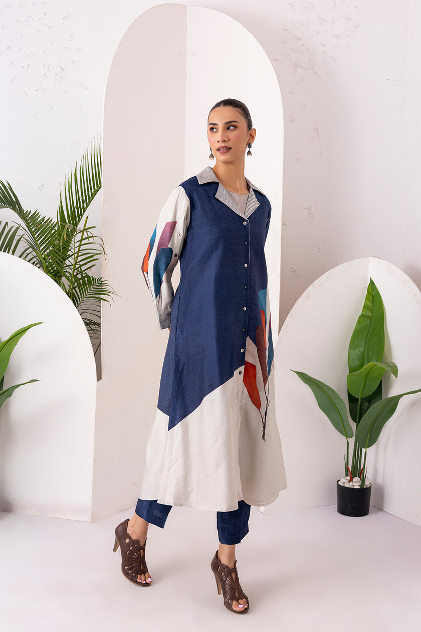 Blue & Ivory Silk Chanderi Printed Front Open Dress (1 PC)