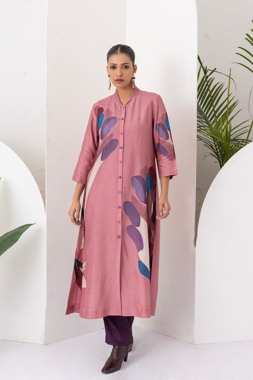 Salmon Pink Viscose Dupion Printed Dress (1 PC)