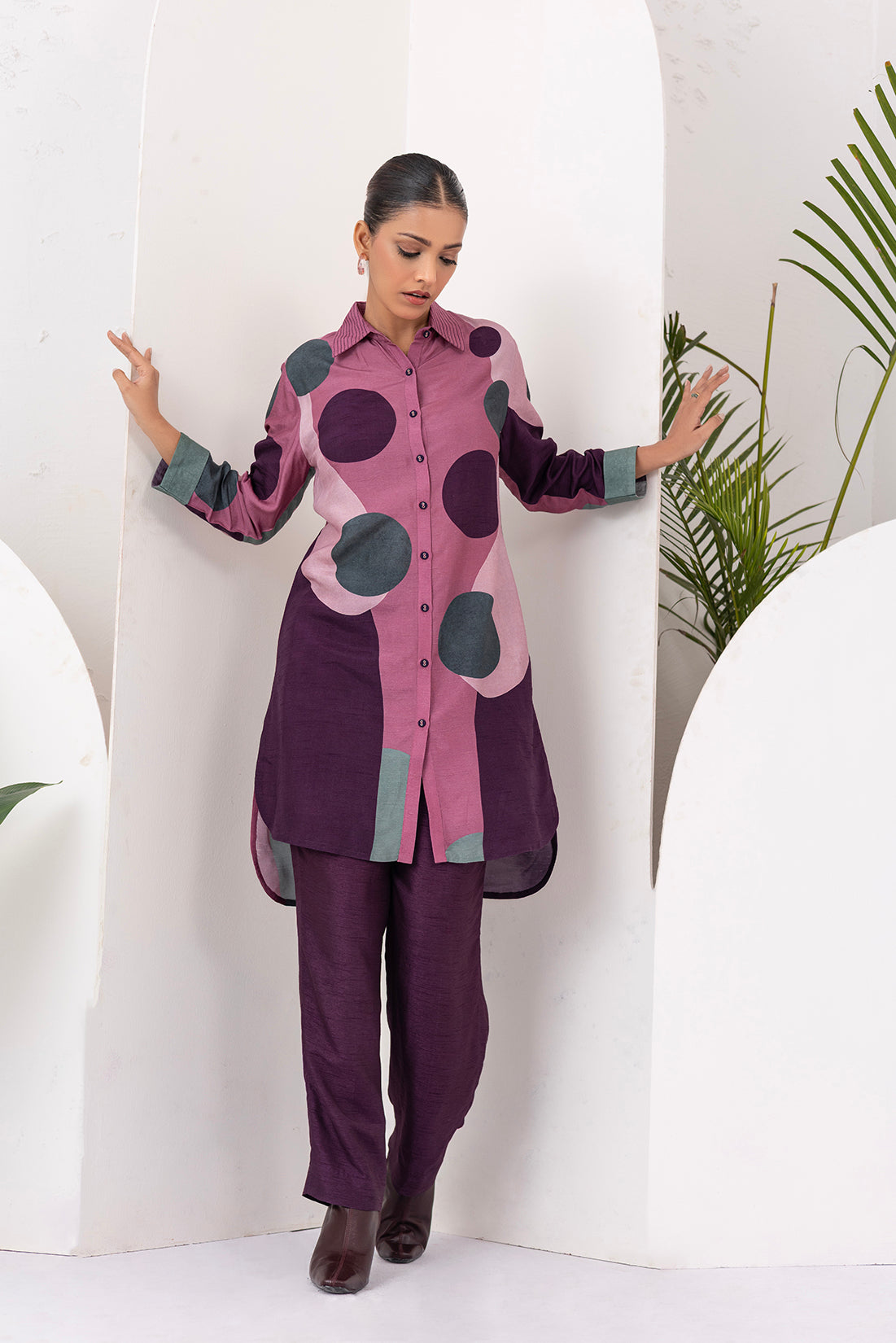Salmon Pink & Wine Viscose Dupion Printed Shirt Style Tunic (1 PC)