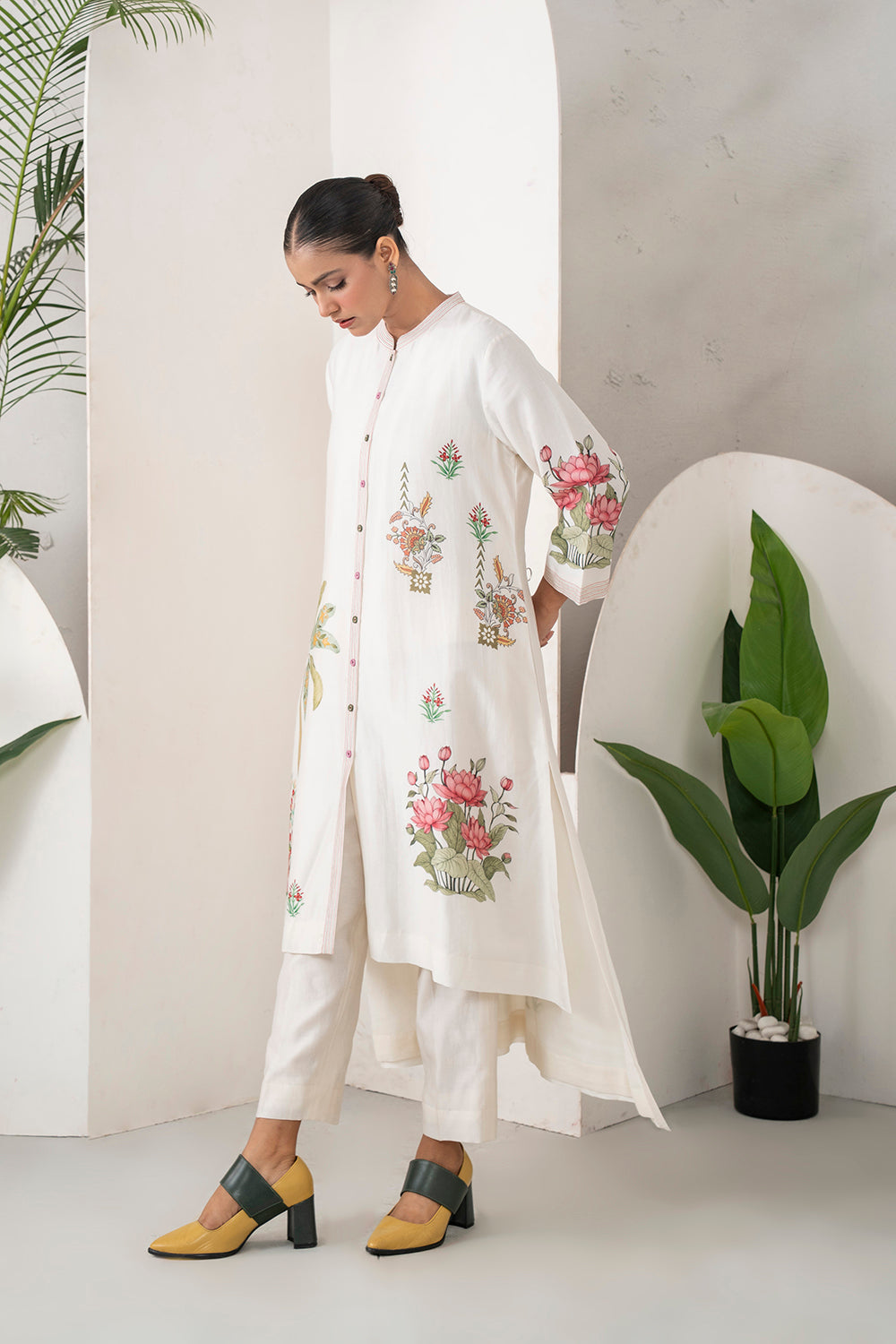 Ivory Silk Chanderi Miniature Art Printed High-Low Dress (1 PC)