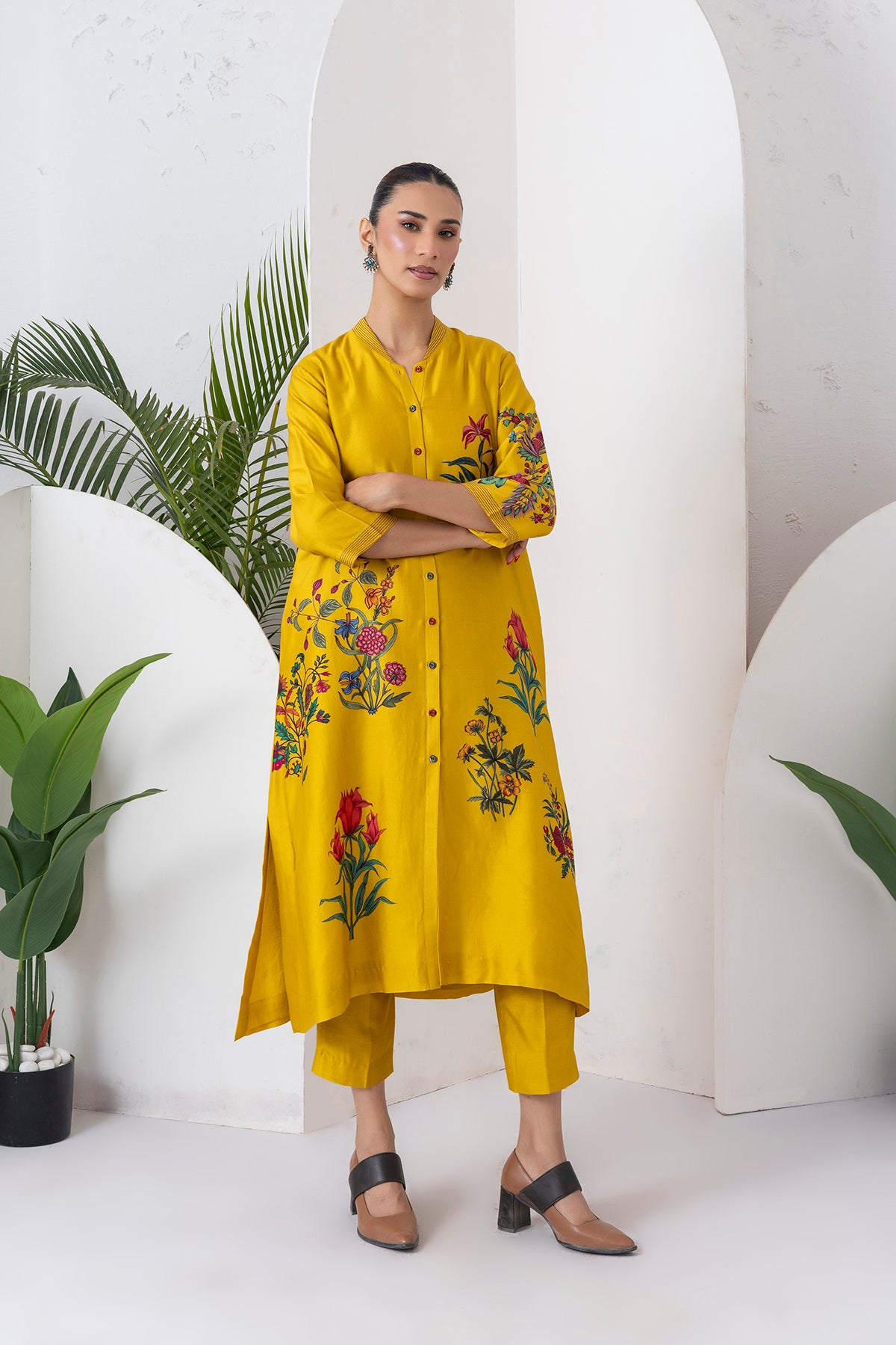 Yellow Silk Chanderi Floral Printed Front Open Dress (1 PC)