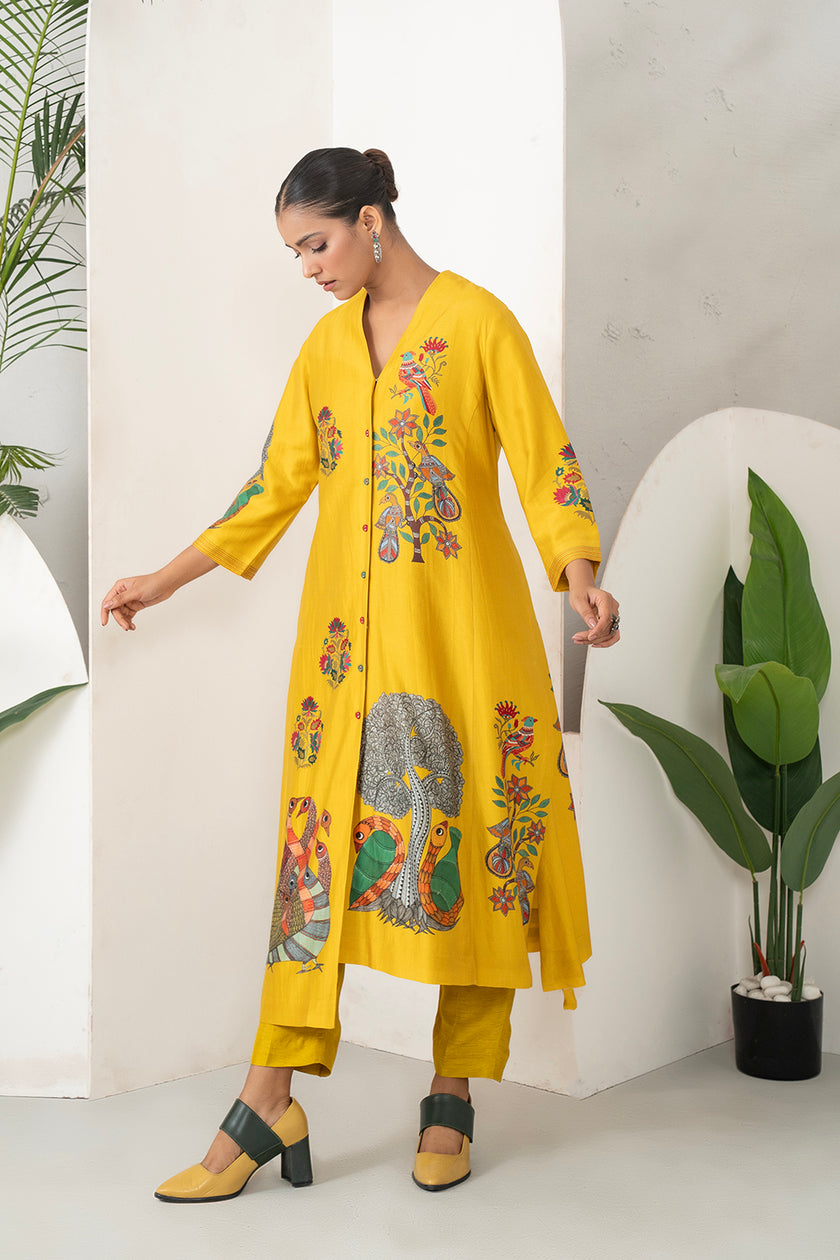 Yellow Silk Chanderi Front Open Striking Bird And Floral Printed Dress (1 PC)