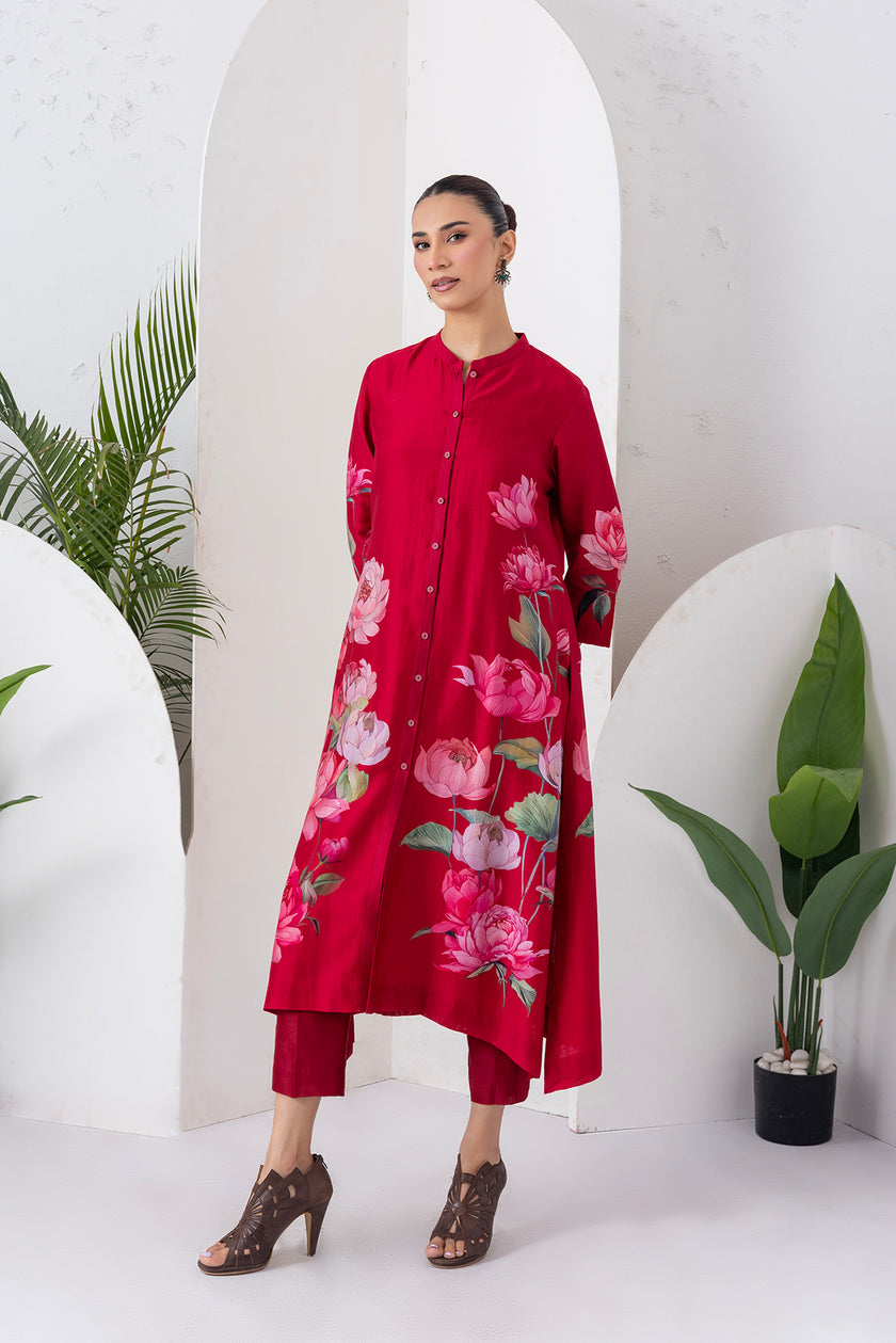 Maroon Silk Chanderi Printed Front Open Dress (1 PC)