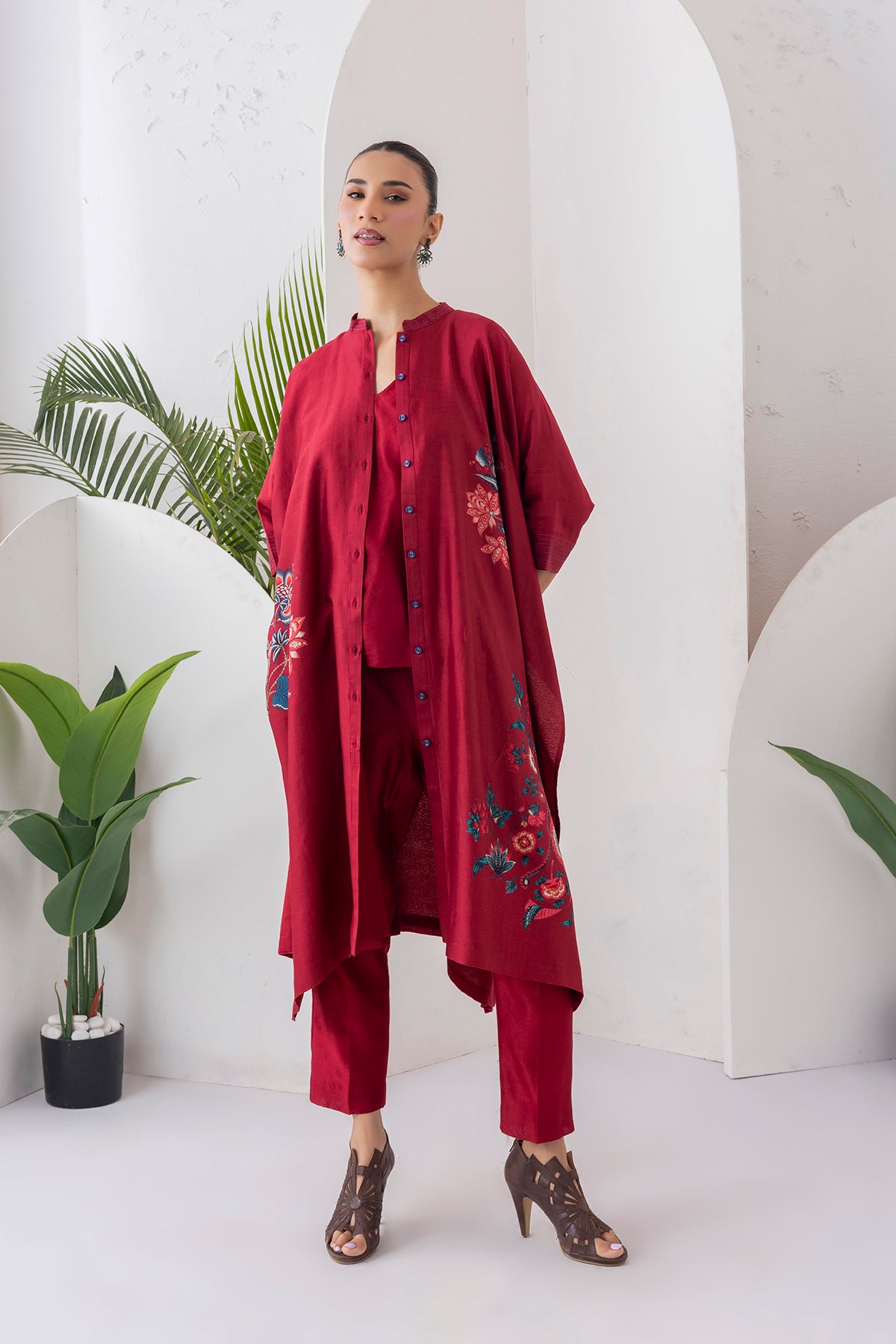 Maroon Silk Chanderi Printed Kaftan Style Dress (1 PC)