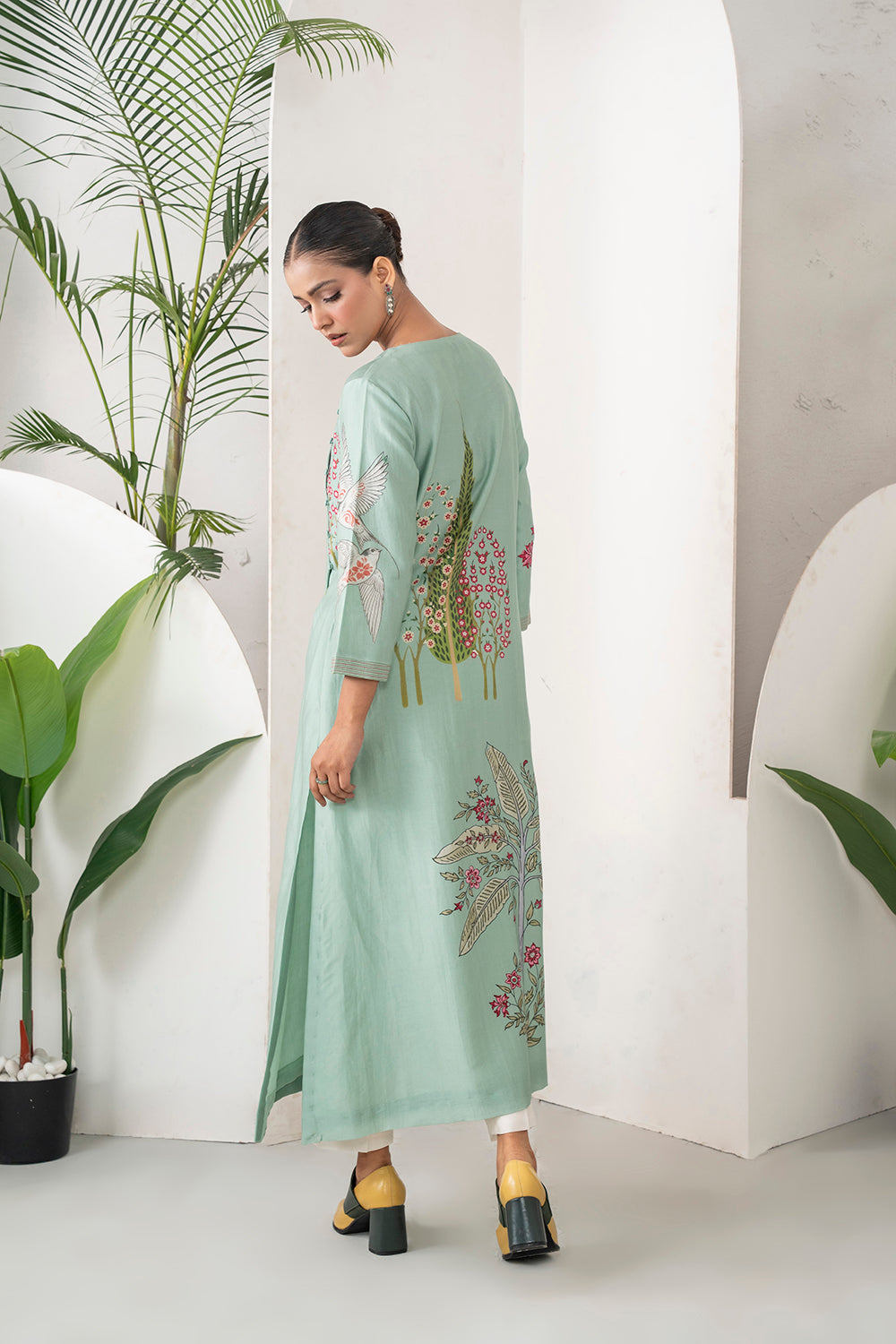 Mint Silk Chanderi Miniature Painting Inspired Printed Dress (1 PC)