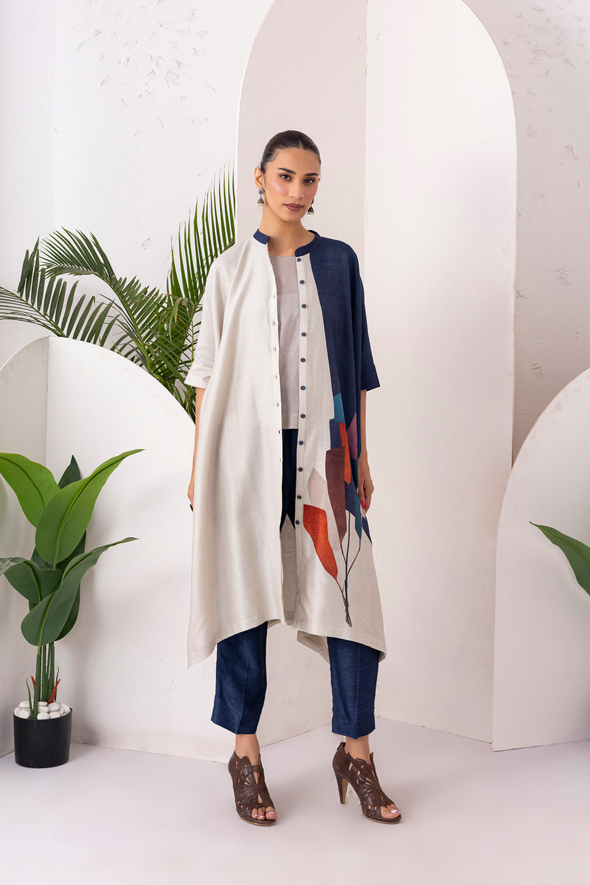 Blue & Ivory Silk Chanderi Printed Kaftan Style Dress (1 PC)