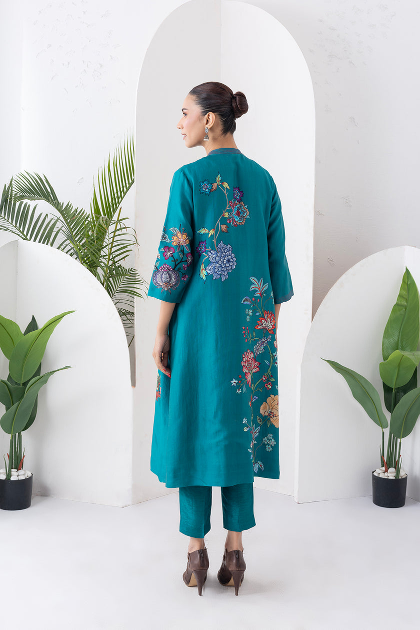 Emerald Silk Chanderi Floral Printed Front-Zip Dress (1 PC)
