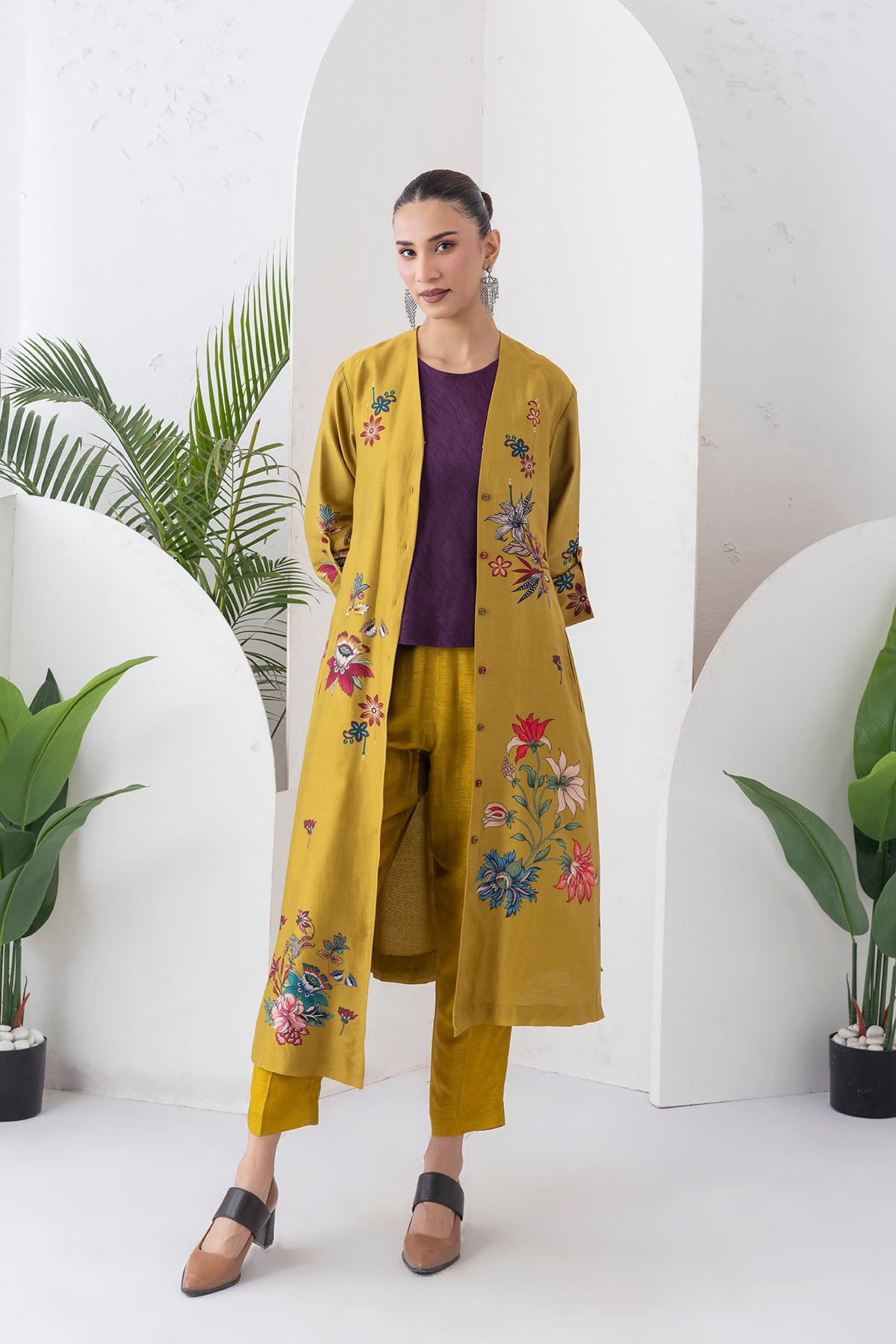 Mustard Silk Chanderi Printed High-Low Dress (1 PC)