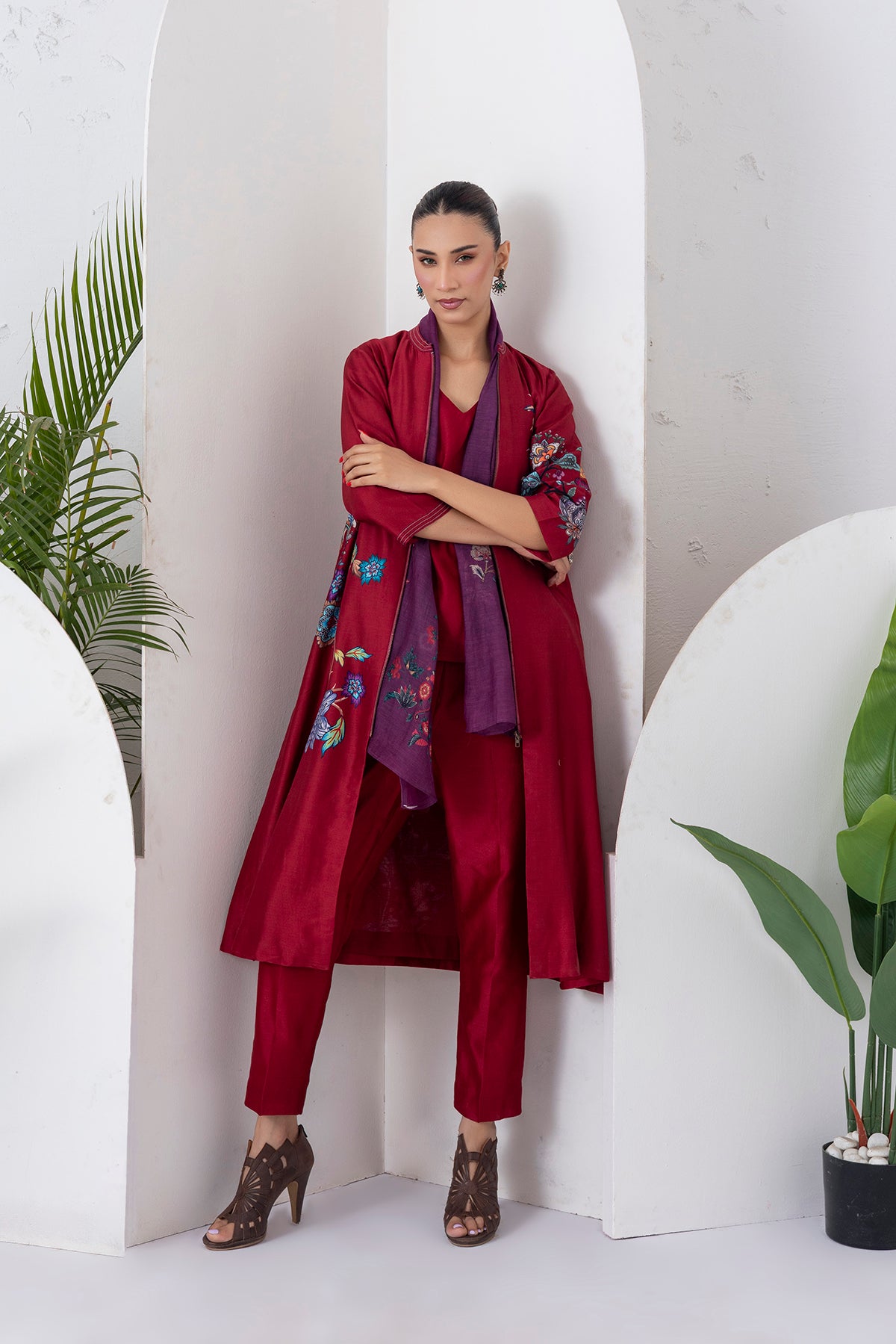 Maroon Silk Chanderi Floral Printed Front Open Dress (1 PC)