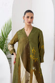 Moss Green Shaded Viscose Dupion Printed High-Low Dress (1 PC)