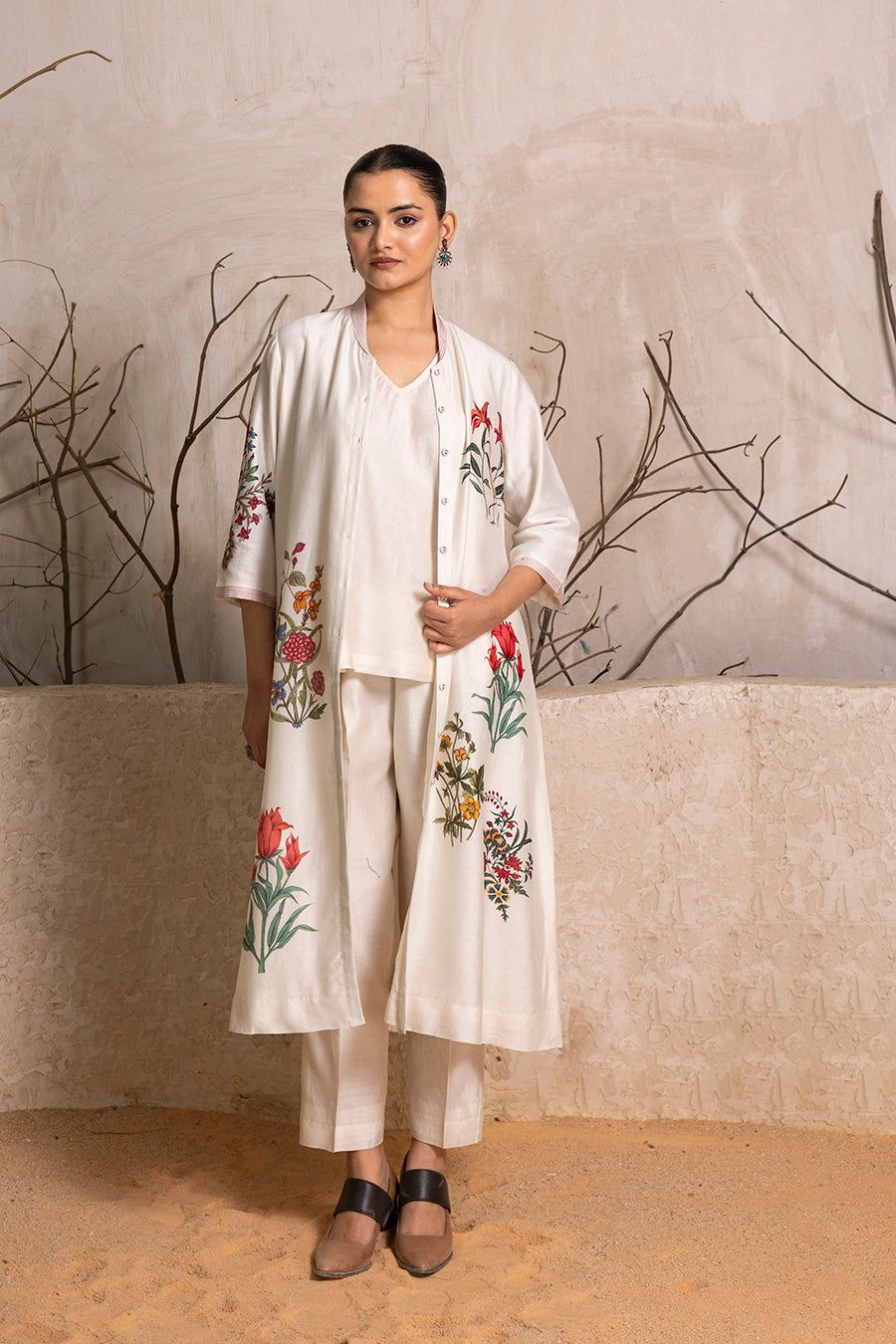 Ivory Silk Chanderi Floral Printed Front Open Dress (1 PC)