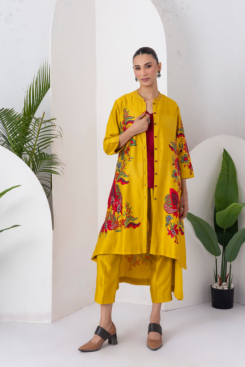 Yellow Silk Chanderi Printed Front Open Floral High-Low Dress (1 PC)